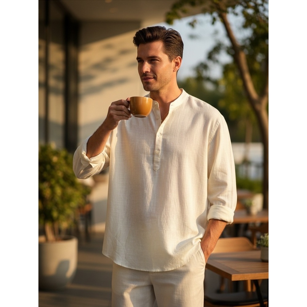 COOFANDY Henley Shirt Mens L Cream New Cotton Hemp Band Collar Long Sleeve Slub